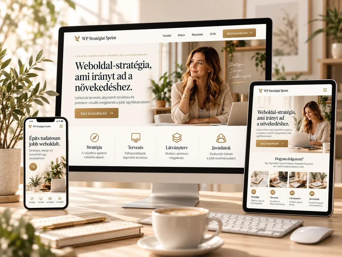 WP Stratégiai Sprint – weboldalkoncepció asztali gépen, tableten és mobilon