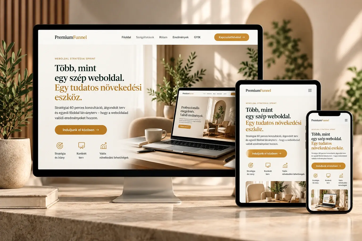 PremiumFunnel – egyedi weboldalkoncepció asztali gépen, laptopon, tableten és mobilon